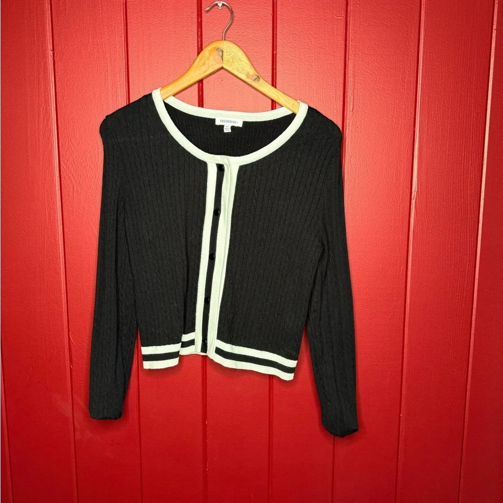 Black & White Button Front Ribbed Cardigan Sweater - Picture 4 of 8